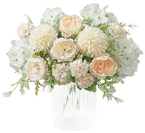 KIRIFLY Künstliche Blumen,Unechte Blumen Deko Künstlich Pfingstrose Gefälschte Seide Hortensien Dekoration Plastik Nelken Blumenarrangements Hochzeit Blumenstrauß(Weiß)