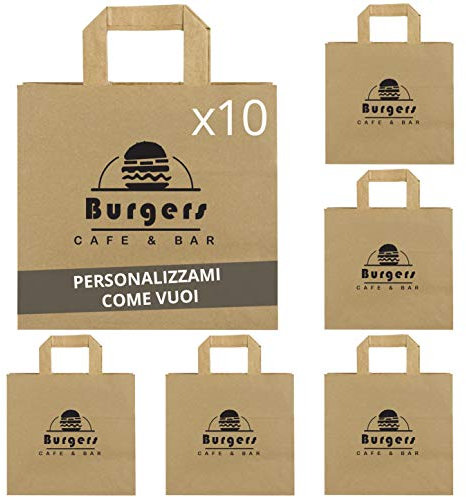 My Custom Style 10 Sacchetti Carta Kraft Personalizzati, 26x25x17,Manici Piatti