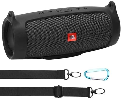 co2CREA Funda de Silicona Protectora para JBL Charge 4 Altavoz inalámbrico portátil (Mosquetón de Gancho + cinturón en Bandolera + Silicona Negro)