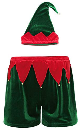 Zapfen der Männer, Slips Unterwäsche der Männer Soft Velvet Weihnachtsmann-Festival-Party-Ferien-Fantasie-Kostüm Weihnachtsboxershorts mit Hut Set für Männer ( Color : Green , Size : 2pcs )