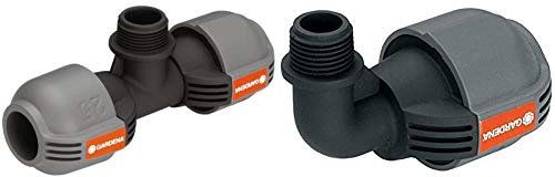Dérivation en T Mâle Gardena : Raccord pour Arroseurs Escamotables, 25 mm X 3/4 & Coude 90° Mâle de Gardena : Pièce pour Raccordement à l'Extrémité du Tuyau, 25 mm X 1/2