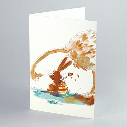 10 witzige Osterkarten: Osterhase bemalt geklautes Straußenei und wird erwischt, Cartoon-Klappkarten mit orangen, gefütterten Umschlägen