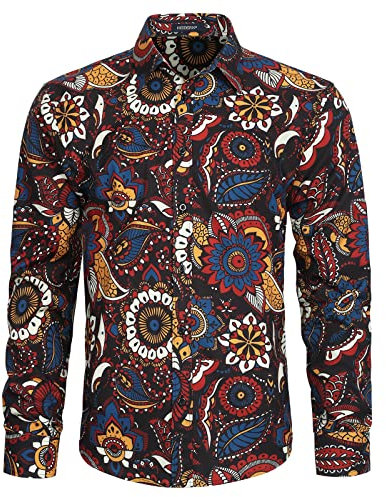 HISDERN Mens Fancy Shirt Paisley Floral Long Sleeve Casual Funky Printed Button Down Dress Shirts S Black/Brown