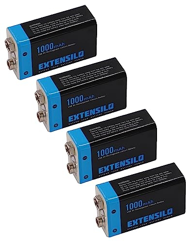 EXTENSILO 4X 9V-Akku Block für Diverse Geräte (1000mAh, 9V, Li-Ion), Ready-to-use, mit Micro USB Buchse