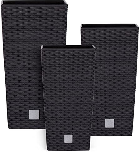 botle Topf Set 3 x Pflanztöpfe Kübel Rattan Hohes H 42 50 55 cm Anthrazit Kunststoff mit Pflanzeinsatz Quadrat