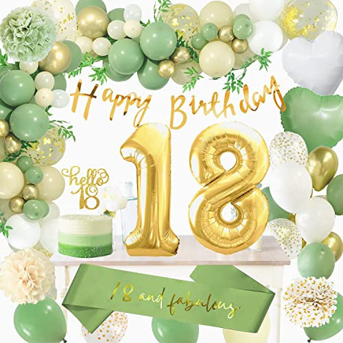 18 Geburtstag Deko Mädchen, Geburtstagsdeko 18 Junge, Grün Gold Deko 18 Geburtstag Luftballon mit Happy Birthday Banner, Ballon Girlande Grün für Frauen Mann 18. Geburtstag Dekorationen