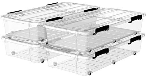 Cetomo 50L*4 Cajas de Almacenamiento con Ruedas, Contenedor bajo La Cama con Tapas de Doble Apertura, Caja Organizaora Plana y Duradera para el Dormitorio, Apilables, Transparencia, 50L-Unidad de 4