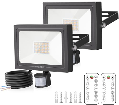 MEIKEE 60W Focos LED Exterior con Sensor de Movimiento, Blanco cálido 2700K Foco Proyector LED con Control Remoto, 3 Modos, Impermeable IP66, Iluminación de Seguridad para Casa, Garaje, Patio - 2 Pcs