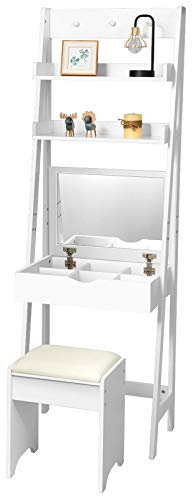 RELAX4LIFE 2-in-1 Dressing Table Set, Wooden Ladder Shelf Desk with Flip Top Mirror, 3 Hooks & 2 Shelves, Vanity Table Set Makeup Dresser Desk for Bedroom Dressing Room, White