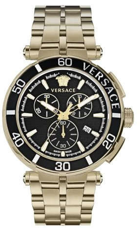 Versace Herren-Armbanduhr mit Quarzuhrwerk, Armband und Gehäuse aus Edelstahl, goldfarben, analoges Display, Schwarz - VE3L00522