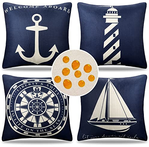 Kissenbezüge Frühling Sommer Nautisch Kissenbezug Sofakissen Zierkissenbezüge 50 x 50 cm Strand Anker Leuchtturm Kompass Segelboot Leinen Wasserdicht Couchkissen für Outdoor Sofa Wohnzimmer, 4er Set