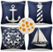 Kissenbezüge Frühling Sommer Nautisch Kissenbezug Sofakissen Zierkissenbezüge 50 x 50 cm Strand Anker Leuchtturm Kompass Segelboot Leinen Wasserdicht Couchkissen für Outdoor Sofa Wohnzimmer, 4er Set