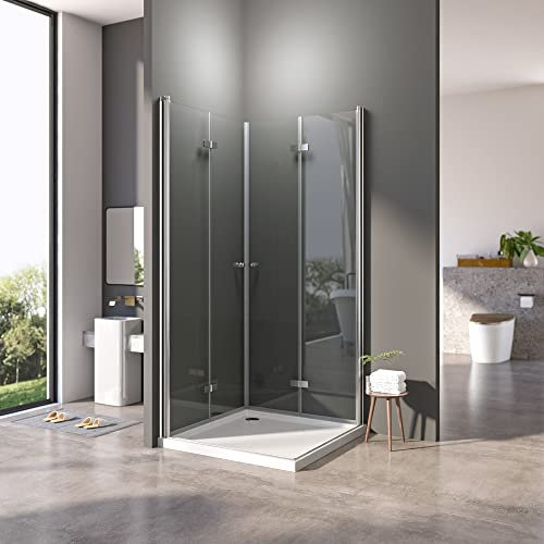 Duschkabine 75x90cm Eckeinstieg Dusche Falttür 180º Duschabtrennung aus 6 mm NANO-Glas Duschkabine Scharniertür,Kann auf Einer Duschwanne oder Direkt auf Dem Boden Montiert Werden,Höhe 185cm