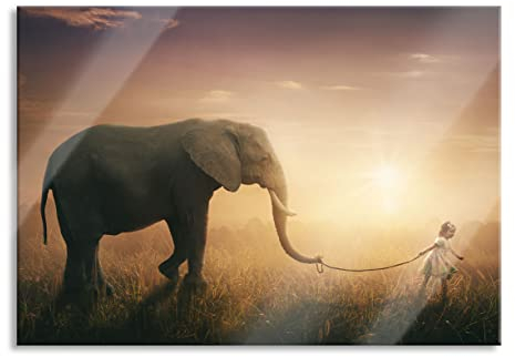 Pixxprint Glasbild, Wandbild aus Echtglas, Kind und Elefant bei Sonnenuntergang, 80x60 cm, inkl. Aufhängung und Abstandshalter