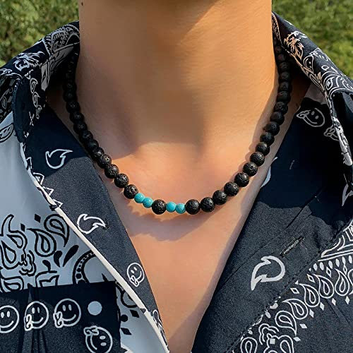 Bysonglezai Halskette Herren Anhänger Chain Ketten Dame Geschenk Natürlicher Vulkangestein Schwarzer Lavastein Perlen Halsketten Damen Herren Kurzkragen Halsketten Halsketten