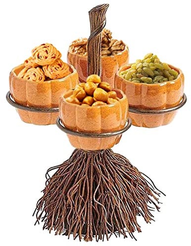 Pumpkin Bowls Halloween Snack Bowl Stand, Witches Broom Dessert Display Tray for Serving Snacks, Salad, Fruit Accessories, Decorations