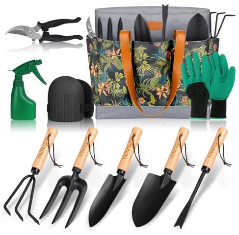 YAUNGEL Gartenwerkzeug Set, 10 Stück Schwerlast Edelstahl Gartenarbeit Kit mit Non-Slip Holzgriff- Garten Geschenke Verpackung für Frauen Männer, Schwarz