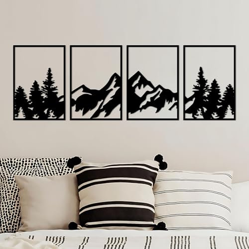 ESTART 4 Stück Metall Berg Wandkunst, große Berge Wanddekoration, Bergflüsse, dekoratives Gemälde, geeignet für Wohnzimmer, Schlafzimmer, Büro, drinnen und draußen (Bergwald)