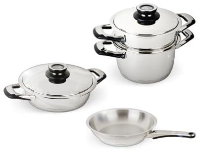 ECOVITAM – Batterie de cuisine inox 4 pièces : Faitout, insert vapeur, poêle, sauteuse – Tous feux – Fabriqué en Italie – Thermomètre intégré
