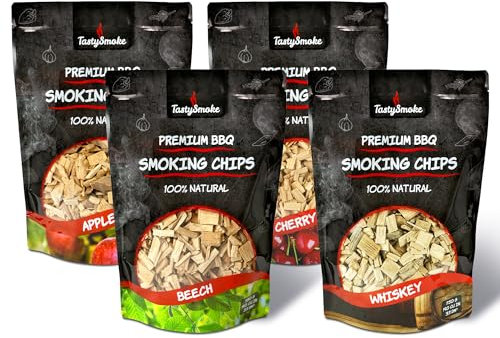 TastySmoke® Hochwertige Räucherchips 4er Set – Naturbelassene Holzchips aus Apfel, Buche, Kirsche & Eiche – Perfekt für Smoker, Grill & BBQ – 100% Reine Qualität je 750 Gramm