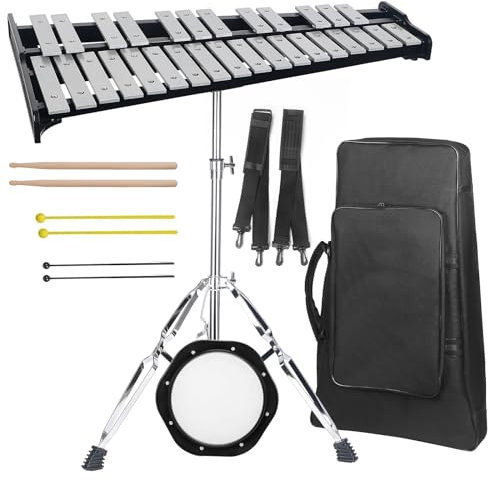 Professionelles Glockenspiel mit 30 Tönen, Xylophon Glocken-Set, gedämpftes Übungspad, Percussion-Set für Erwachsene, mit drei Arten von Drumsticks, verstellbarem Ständer und Tragetasche