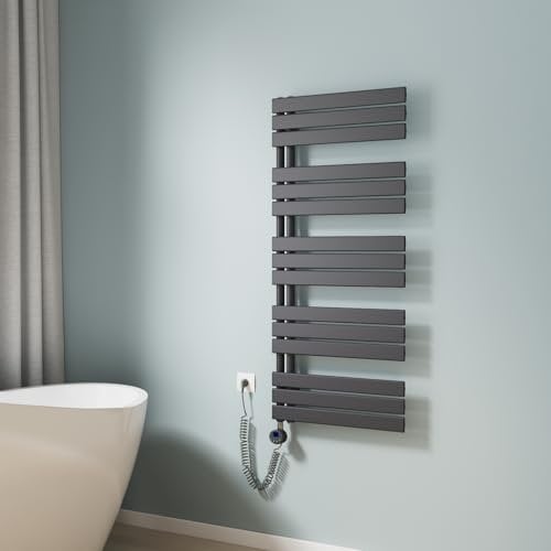 EMKE Badheizkörper Handtuchhalter Elektrisch 1320x600 mm, Handtuchheizkörper Elektrisch mit Thermostat Elektrischer Handtuchwärmer Handtuchtrockner Handtuchheizung mit Heizstab Anthrazit 800W