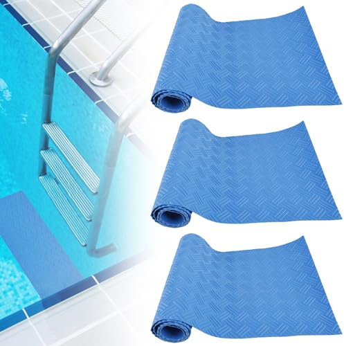 3 Pack Schwimmbadleitermatte,（23cm*90cm） Poolschutzmatte Poolleiter-Pad,Poolunterlage Mit Rutschfester Textur Für Schritte,Treppenrutschfeste Leitermatte rutschfest(Blaues Wellenwolfmuster)