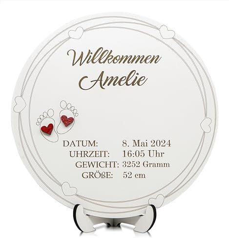 Munera Design - Baby personalisiertes Geschenk Geburt mit Namen, Datum, Gewicht, Größe, Uhrzeit mit Gravur mit 2 roten Herzen - 30cm Weiß