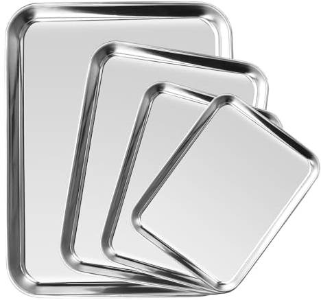NAROSEBE 4 Pcs Plaque de Cuisson Four Inox, Plaque Pâtisserie Antiadhésive, Plaque de Four Rectangulaire Plate, Plaque Pâtisserie Cuisine à Profondeur de 2,5 cm, pour Cuisine Lasagne Gratin Barbecue