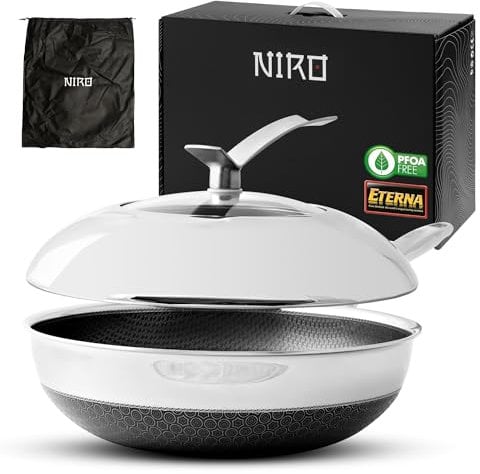 NIRO Wok Antiaderente Triplo Strato (Acciaio Inox + Alluminio) Ø26cm, COPERCHIO INCLUSO, Antigraffio, NO PFOA, Per Piano Cottura Induzione, Ceramica, Elettrico, Gas, Forno, Manico Anti Scottatura