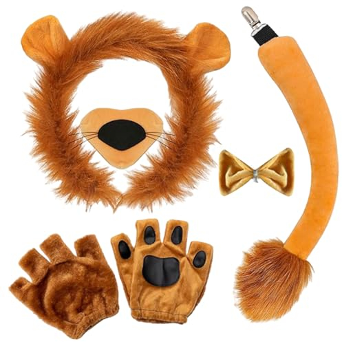 FUIPVGI 5 Stück Löwe Kostüm Zubehör Set,Löwenohren Plüsch Stirnband Schwanz Nase Fliege und Handschuhe Kostüm Set,Tier Kostüm Set für Kinder Erwachsene Thema Party Favors Weihnachten Halloween(Löwe)