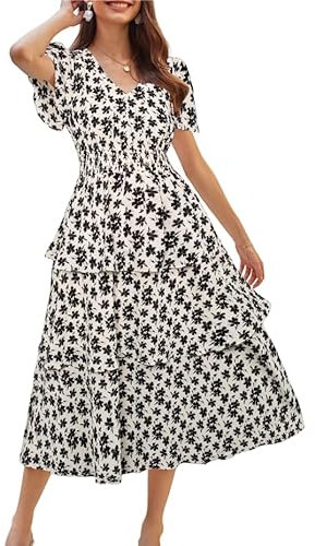 GRACE KARIN Women Summer Floral Maxi Dress Squar Neck Chiffon A Line Strappy Smocked Boho Beach Dress Apricot Black Flower S