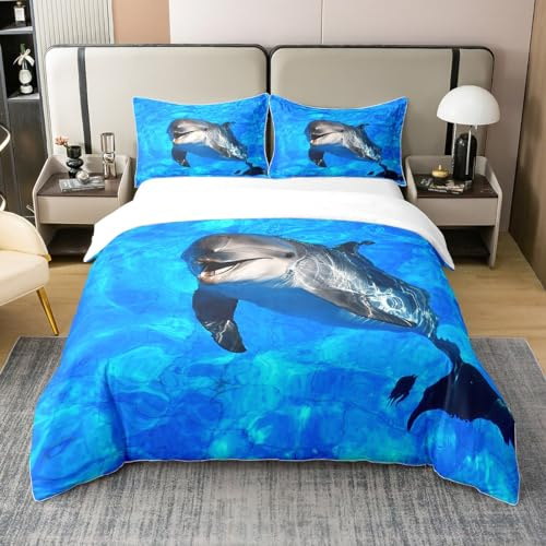 Loussiesd Netter Delphin Bettwäsche Set 135x200cm 100% Baumwolle Ozean Marine Themed Bettbezug Set Meerestiere Betten Set Für Jungen Mädchen Kinder Schöne Hawaiianische Sealife Mit 1 Kissenbezug