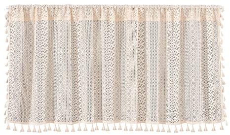 Ieron Vintage Boho Vorhang Handgefertigte Häkelvorhänge Beige Kurzer Vorhang Mit Quasten Für Küchenfenster Dekoration