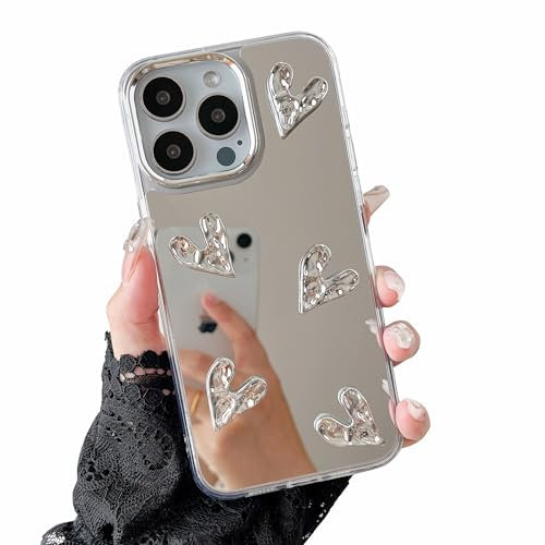 ZTOFERA Hülle für iPhone 16 Pro, Nette Silber 3D Liebe Herz Transparent Makeup Spiegel Hülle, Flexible stoßfeste Anti-Kratz Schutzhülle für iPhone 16 Pro 6,3- 5 Herzen