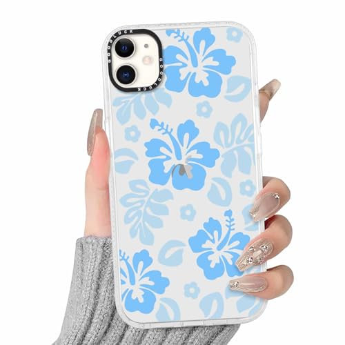 RUMDEY Clear Hibiscus Flower Case for iPhone 12 Mini 5.4, Cute Preppy Floral Crystal Pattern Aesthetic Design Soft Slim Anti-Yellow Protective Shockproof TPU Phone Cover for Women Girls - Blue
