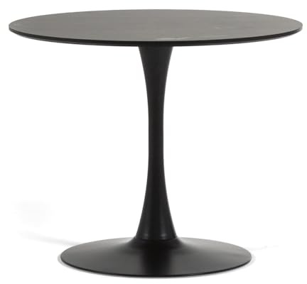 Table ronde tulipe d'intérieur diamètre 90 cm, 4 personnes cuisine/salle à manger/bureau style classique moderne avec dessus MDF effet bois et base en métal verni mat Orlando (Noir)