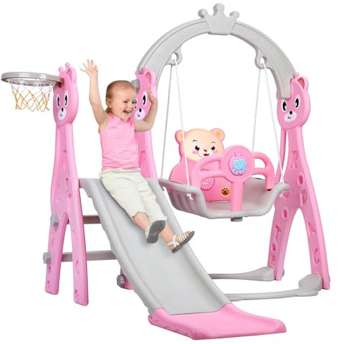 CUSROS 3-in-1 Kids Slide for Toddlers Age 1-8 Slide and Swing Set with Light & Music, Indoor Outdoor Freestanding Kids Slide Climber Playset, Children Climber Slide Toddlers Playset Pink