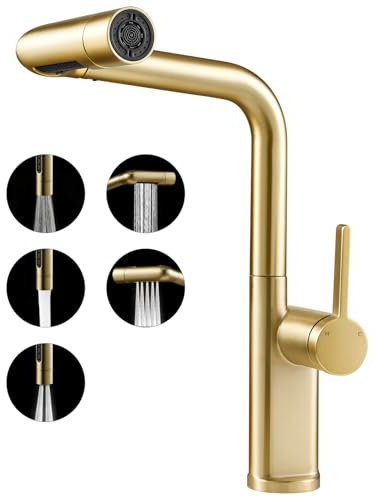Warmiehomy 5 Modes Kitchen Taps Mixer with Pull Out Spray,High Arc 360° Swivel Dual Spout Pull Down Stainless Steel Kitchen Sink Taps,Gold