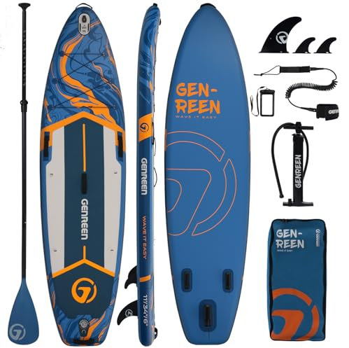 GENREEN Stand-Up Paddle Boards, 11ft Inflatable Paddle Board with SUP Accessories, Non-Slip Deck, Dual PVC Layer, 3 Fin, 33 in Extra Wide Stable All-Around Paddleboard for Youth & Adults(Ocean Blue)