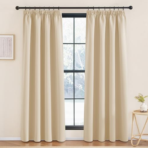 KGORGE Vorhänge Blickdicht Beige Thermovorhang Hitzeschutz Verdunklungsvorhänge für Schienen Wohnzimmer Gardinen mit Kräuselband Vorhang 200 cm Lang 2er Set, Biscotti Beige, 200 x 140 cm(HxB)