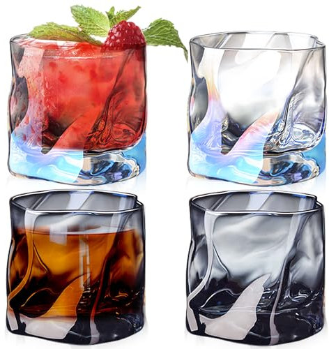 Set di 4 bicchieri da whisky, piegati in vetro da 200 ml, senza manico, piccoli bicchieri da succo per uomini, compleanni, festa del papà, anniversario, 2 colorati + 2 ceneri