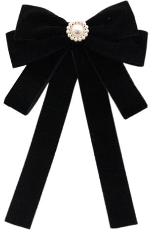 Wayfadacc Élégante broche en velours pour femme, nœud pré-noué, cravate avec strass et perles, décoration pour événements formels, noir, 20 x 20 x 2 cm, Noir , 20*20*2cm
