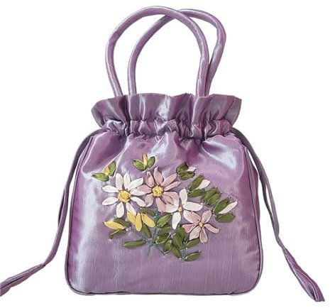 Borsa a mano con ricamo floreale elegante per tutti i giorni retrò raso seta piccola borsa portafoglio, Lavanda