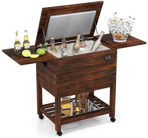 GYMAX Carrito Nevera Rodante de Madera, Enfriador Portátil 51L con 2 Mesas Plegables, Abrebotellas Integrado, Ruedas Bloqueables, para Patio, Piscina, Jardín, Barbacoa, Fiestas, Exterior, Camping