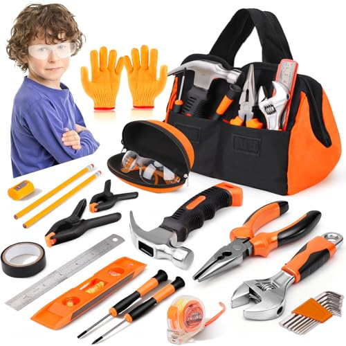 27-Piece Orange Kids Tool Set with Tool Storage Bag, Real Hand Tool Kit for Boys & Girls, Child Learning Tools for Building, Woodworking and Construction, 6+ Years Old Birthday Boy Easter Basket Gift