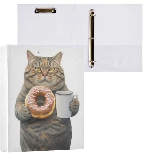 Reiacy Ringbuch, lustige Katze, Kaffee, Donut, 3-Ring, A4, Ordner mit Clip, hält 200 Blatt, großer D-Ring-Aktenordner für Zuhause, Schule, Bürobedarf