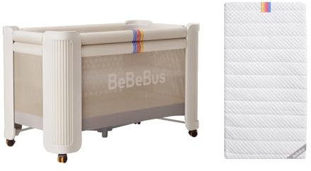 bebebus Kinderbett, Faltbar Kinderreisebett,Stoßfest & Atmungsaktiv Baby Bett, Höhenverstellbar, Tragbar, 4-Rollen-Vierrad-Lenkung， Reisebett ab Geburt bis 30 kg (Weiß Kinderbett + Matratze)
