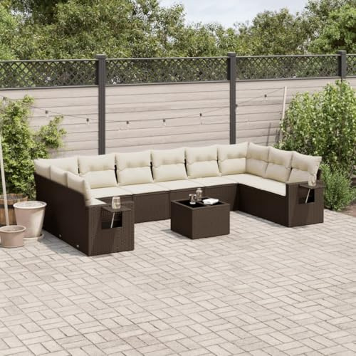 Teenpull 11-TLG. Garten-Sitzgruppe, Braun Poly Rattan Outdoor Loungemöbel Set, mit Kissen, Stauraum, Beistelltisch für Terrasse, Balkon, Garten