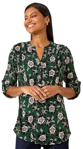 Roman Originals Shirt for Women UK Ladies Top Collarless Blouse Stretchy Tunic Smart Casual Autumn Winter Jersey 3/4 Length Sleeve Notch V Neck Flattering Office Work - Green Noir Floral - Size 20